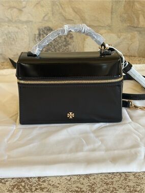 Tory Burch Black Leather Mini Top-Handle Crossbody with Gold Hardware